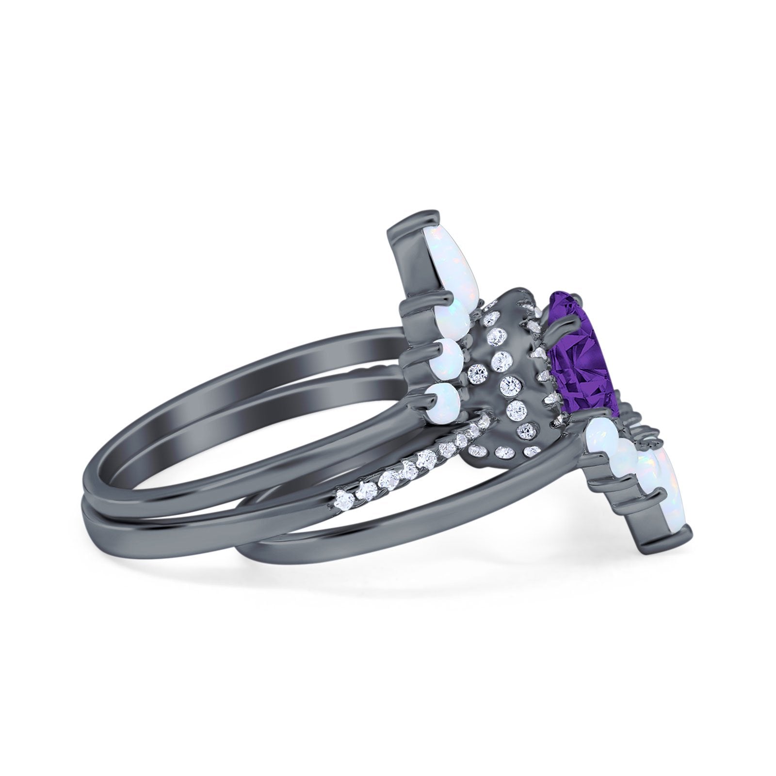 Three Piece Set Oval Lab White Opal Teardrop Art Deco Wedding Ring Vintage Band Simulated Cubic Zirconia Solid 925 Sterling Silver