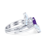 Three Piece Set Oval Lab White Opal Teardrop Art Deco Wedding Ring Vintage Band Simulated Cubic Zirconia Solid 925 Sterling Silver