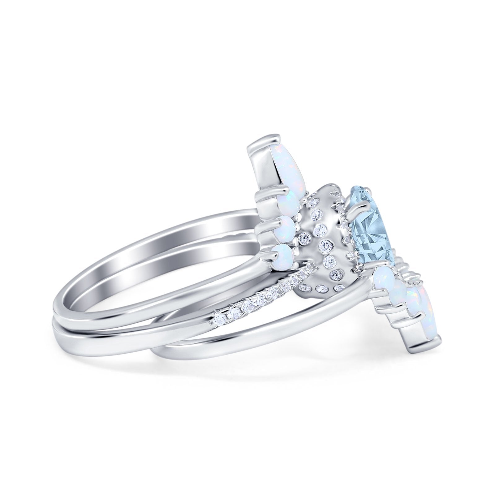 Three Piece Set Oval Lab White Opal Teardrop Art Deco Wedding Ring Vintage Band Simulated Cubic Zirconia Solid 925 Sterling Silver