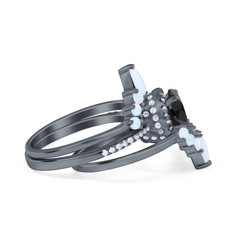 Three Piece Set Oval Lab White Opal Teardrop Art Deco Wedding Ring Vintage Band Simulated Cubic Zirconia Solid 925 Sterling Silver