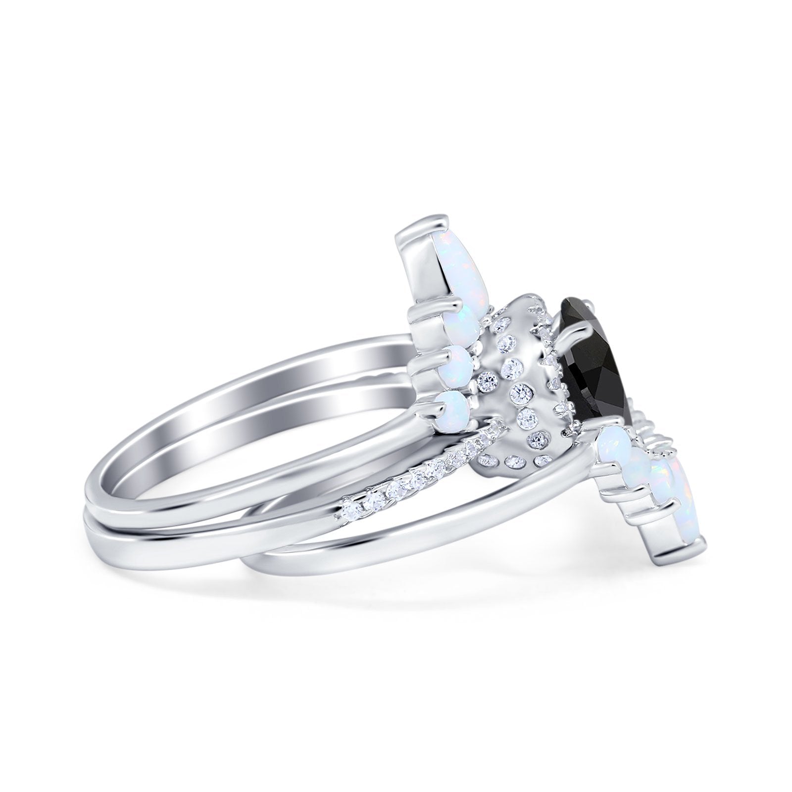 Three Piece Set Oval Lab White Opal Teardrop Art Deco Wedding Ring Vintage Band Simulated Cubic Zirconia Solid 925 Sterling Silver