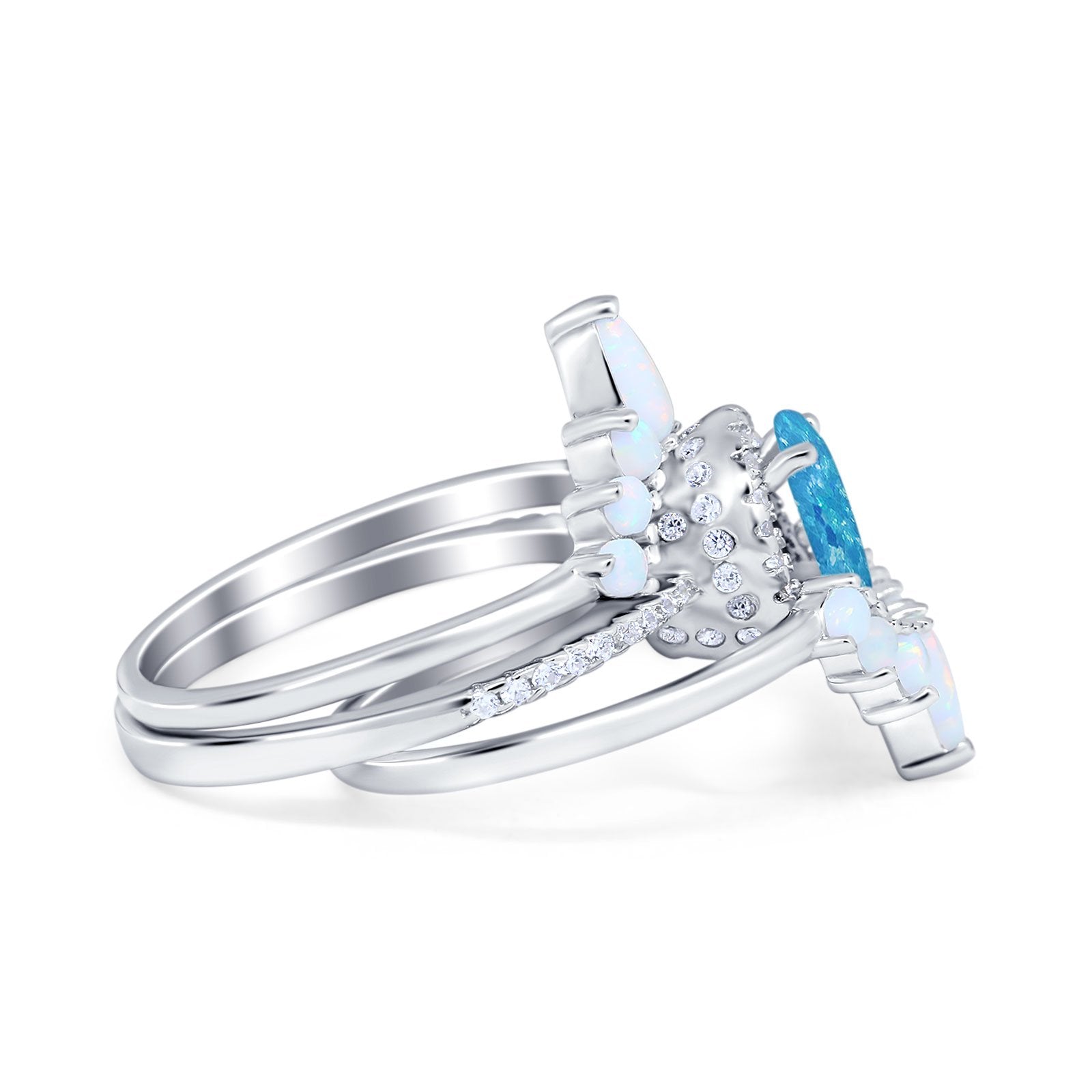 Three Piece Set Oval Lab White Opal Teardrop Art Deco Wedding Ring Vintage Band Simulated Cubic Zirconia Solid 925 Sterling Silver