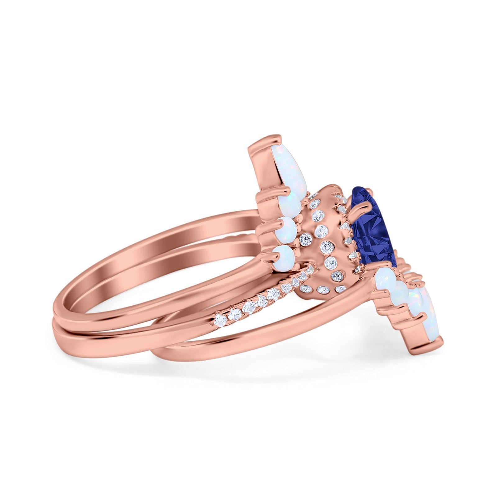 Three Piece Set Oval Lab White Opal Teardrop Art Deco Wedding Ring Vintage Band Simulated Cubic Zirconia Solid 925 Sterling Silver