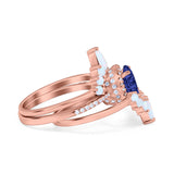 Three Piece Set Oval Lab White Opal Teardrop Art Deco Wedding Ring Vintage Band Simulated Cubic Zirconia Solid 925 Sterling Silver