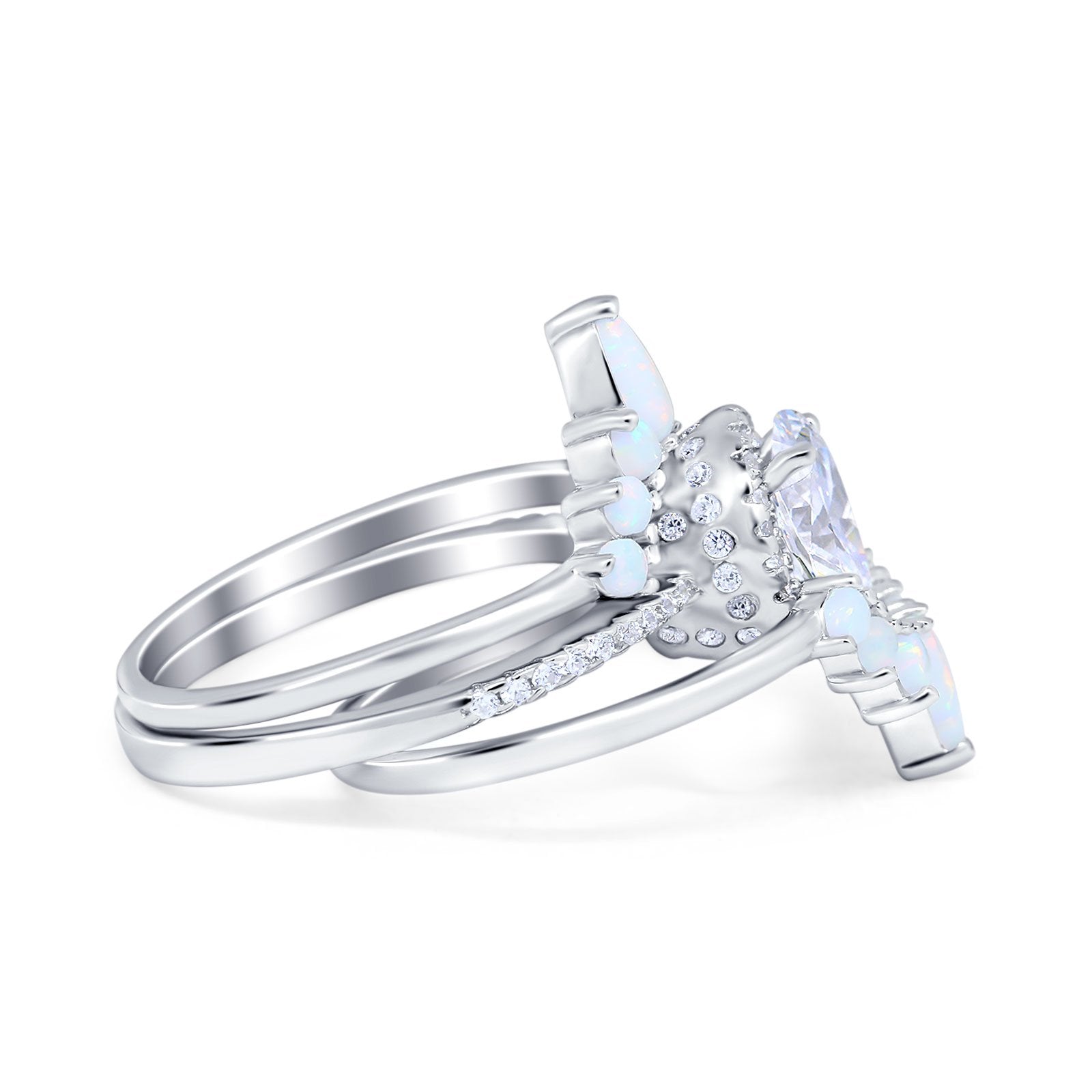 Three Piece Set Oval Lab White Opal Teardrop Art Deco Wedding Ring Vintage Band Simulated Cubic Zirconia Solid 925 Sterling Silver