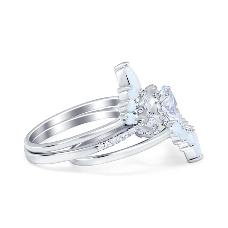 Three Piece Set Oval Lab White Opal Teardrop Art Deco Wedding Ring Vintage Band Simulated Cubic Zirconia Solid 925 Sterling Silver