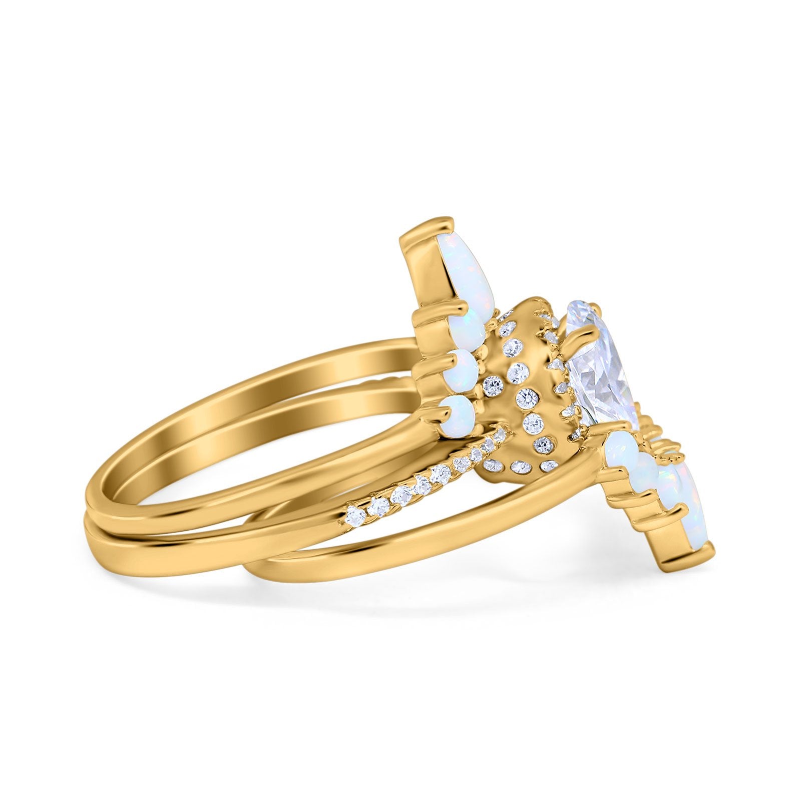 Three Piece Set Oval Lab White Opal Teardrop Art Deco Wedding Ring Vintage Band Simulated Cubic Zirconia Solid 925 Sterling Silver