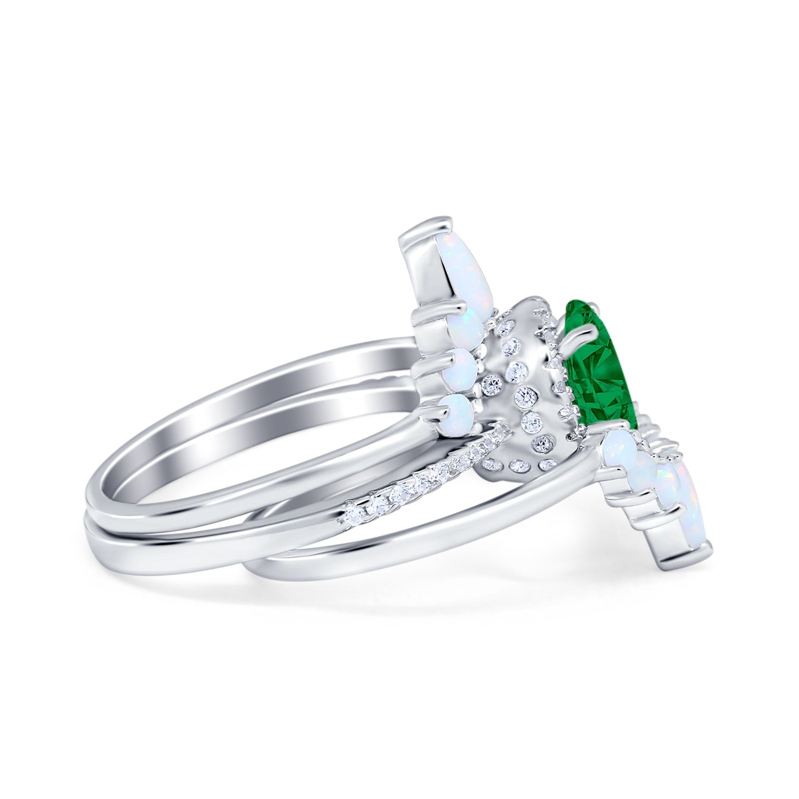 Three Piece Set Oval Lab White Opal Teardrop Art Deco Wedding Ring Vintage Band Simulated Cubic Zirconia Solid 925 Sterling Silver