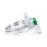 Three Piece Set Oval Lab White Opal Teardrop Art Deco Wedding Ring Vintage Band Simulated Cubic Zirconia Solid 925 Sterling Silver