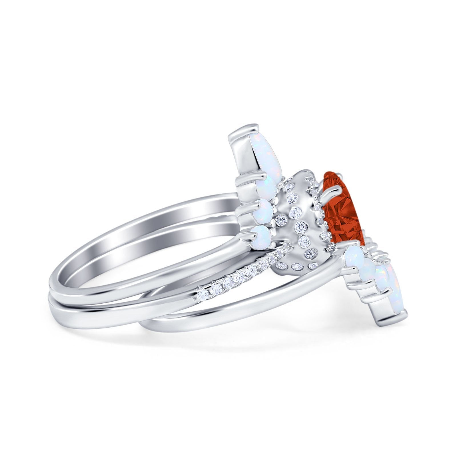 Three Piece Set Oval Lab White Opal Teardrop Art Deco Wedding Ring Vintage Band Simulated Cubic Zirconia Solid 925 Sterling Silver