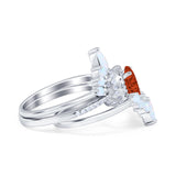 Three Piece Set Oval Lab White Opal Teardrop Art Deco Wedding Ring Vintage Band Simulated Cubic Zirconia Solid 925 Sterling Silver