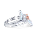 Three Piece Set Oval Lab White Opal Teardrop Art Deco Wedding Ring Vintage Band Simulated Cubic Zirconia Solid 925 Sterling Silver