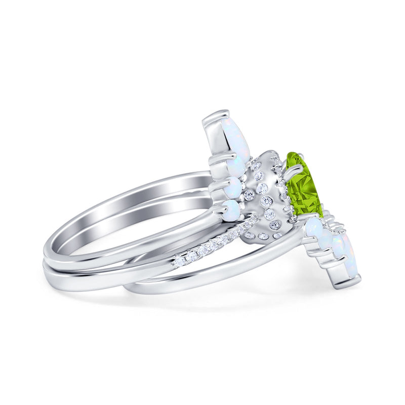 Three Piece Set Oval Lab White Opal Teardrop Art Deco Wedding Ring Vintage Band Simulated Cubic Zirconia Solid 925 Sterling Silver