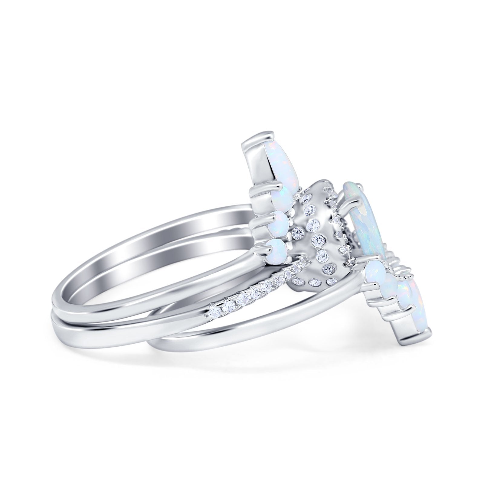 Three Piece Set Oval Lab White Opal Teardrop Art Deco Wedding Ring Vintage Band Simulated Cubic Zirconia Solid 925 Sterling Silver