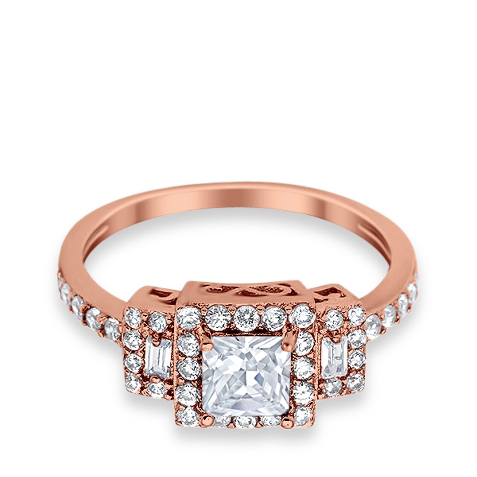 Halo Wedding Ring Baguette Simulated Cubic Zirconia 925 Sterling Silver