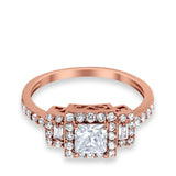 Halo Wedding Ring Baguette Simulated Cubic Zirconia 925 Sterling Silver