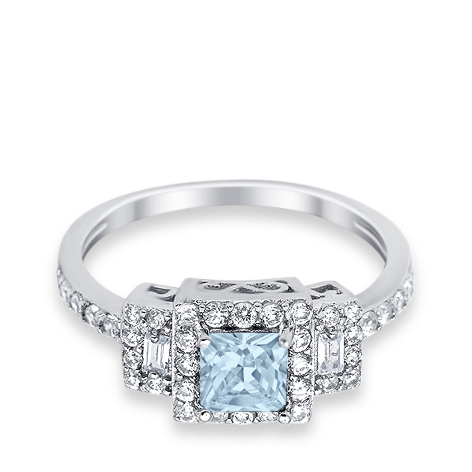 Halo Wedding Ring Baguette Simulated Cubic Zirconia 925 Sterling Silver