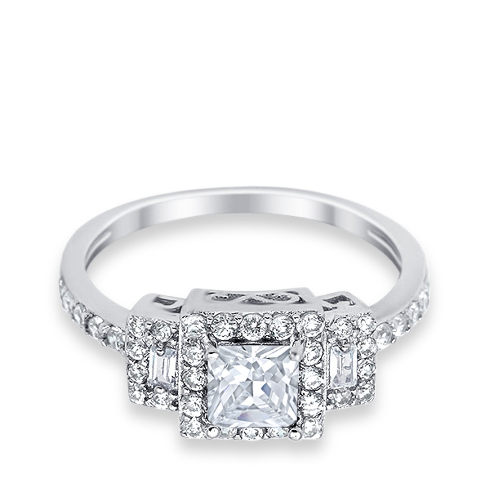 Halo Wedding Ring Baguette Simulated Cubic Zirconia 925 Sterling Silver