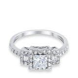 Halo Wedding Ring Baguette Simulated Cubic Zirconia 925 Sterling Silver