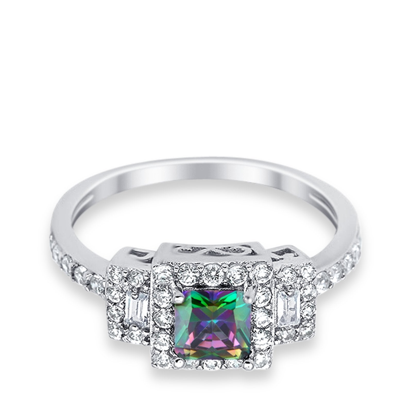 Halo Wedding Ring Baguette Simulated Cubic Zirconia 925 Sterling Silver