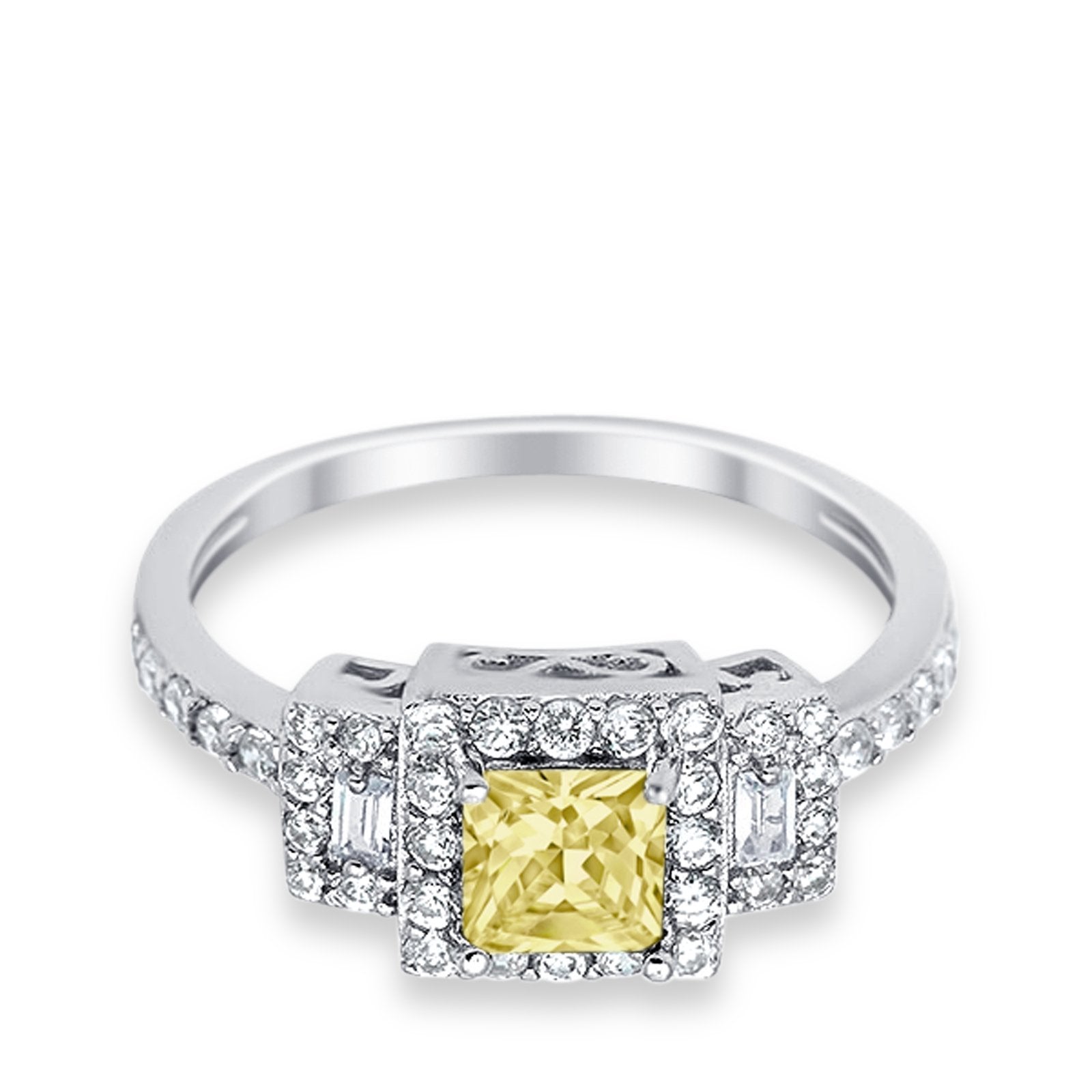 Halo Wedding Ring Baguette Simulated Cubic Zirconia 925 Sterling Silver