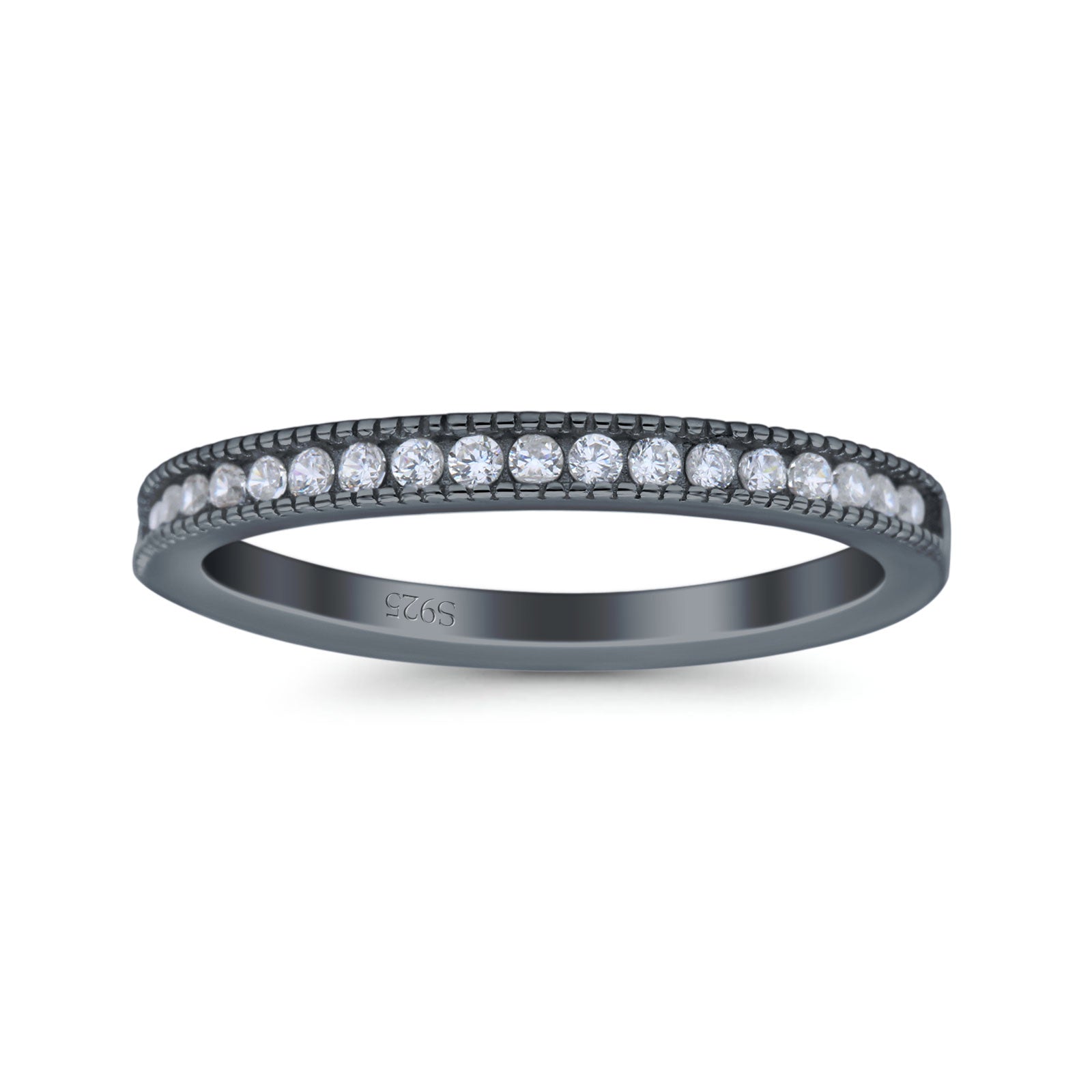 Half Eternity Ring Wedding Engagement Band Round Pave Simulated Cubic Zirconia 925 Sterling Silver (2.5mm)