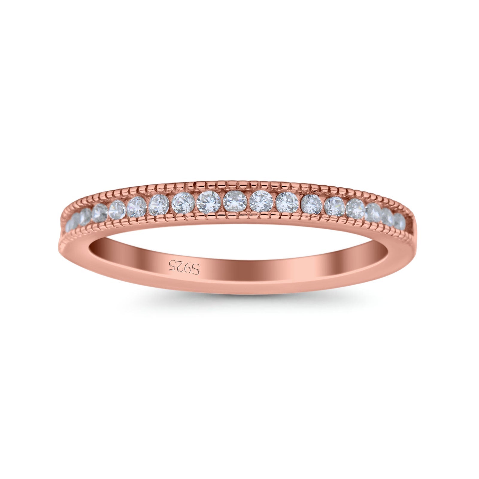 Half Eternity Ring Wedding Engagement Band Round Pave Simulated Cubic Zirconia 925 Sterling Silver (2.5mm)