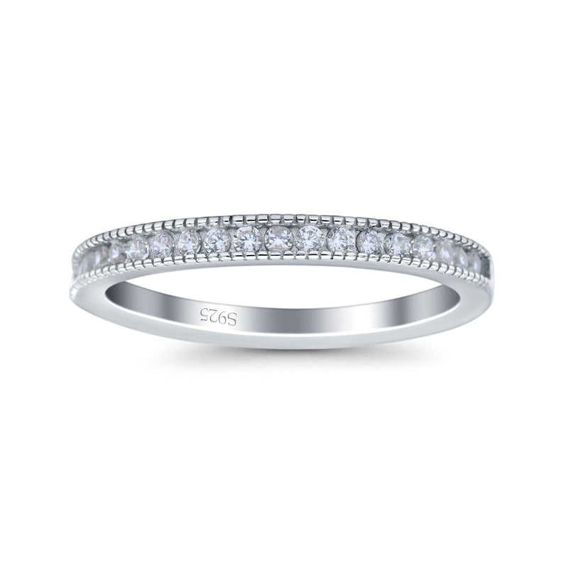 Half Eternity Ring Wedding Engagement Band Round Pave Simulated Cubic Zirconia 925 Sterling Silver (2.5mm)