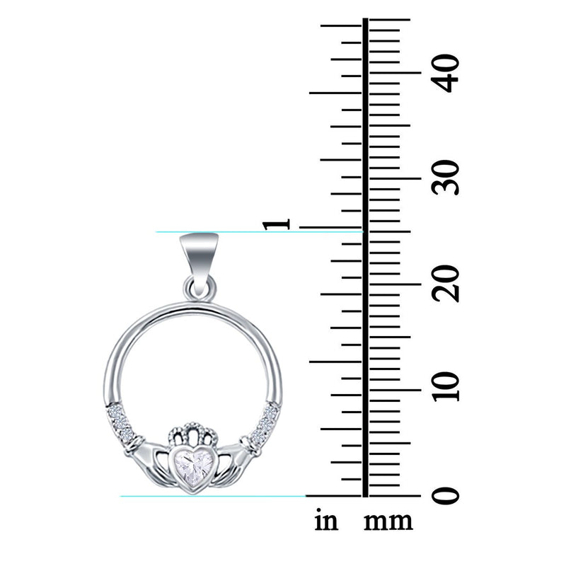 Heart Claddagh Charm Pendant Simulated Cubic Zirconia 925 Sterling Silver (21mm)