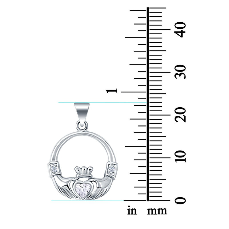 Silver Claddagh Charm Pendant Heart Simulated Cubic Zirconia 925 Sterling Silver (23mm)