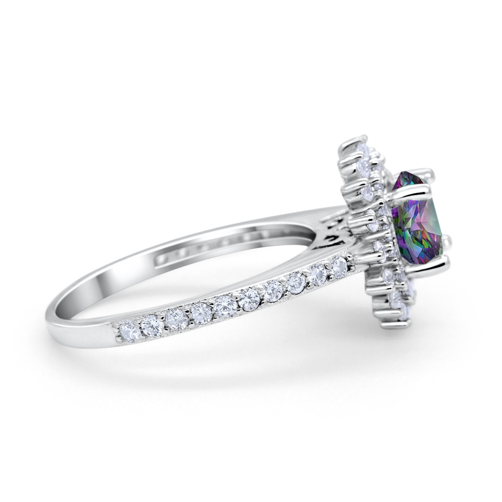 Halo Starburst Flower Wedding Ring Simulated Cubic Zirconia 925 Sterling Silver