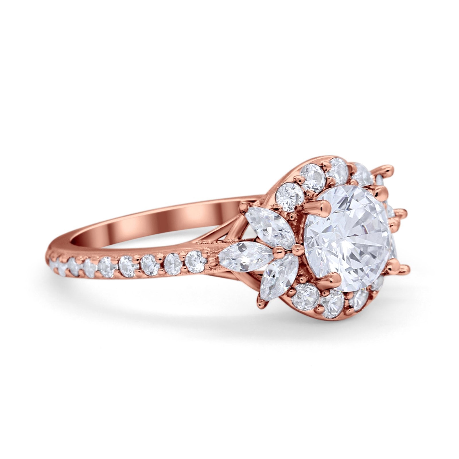 Halo Floral Wedding Ring Marquise Simulated Cubic Zirconia 925 Sterling Silver