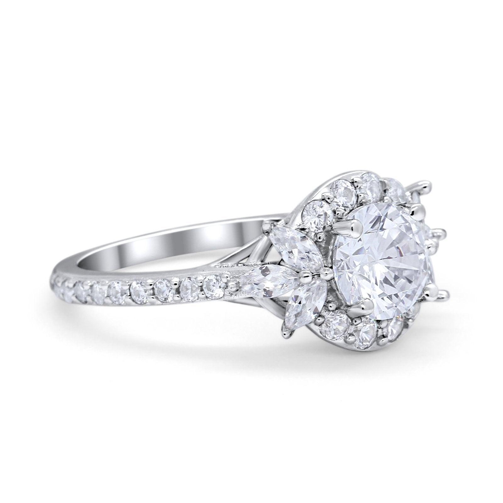 Halo Floral Wedding Ring Marquise Simulated Cubic Zirconia 925 Sterling Silver