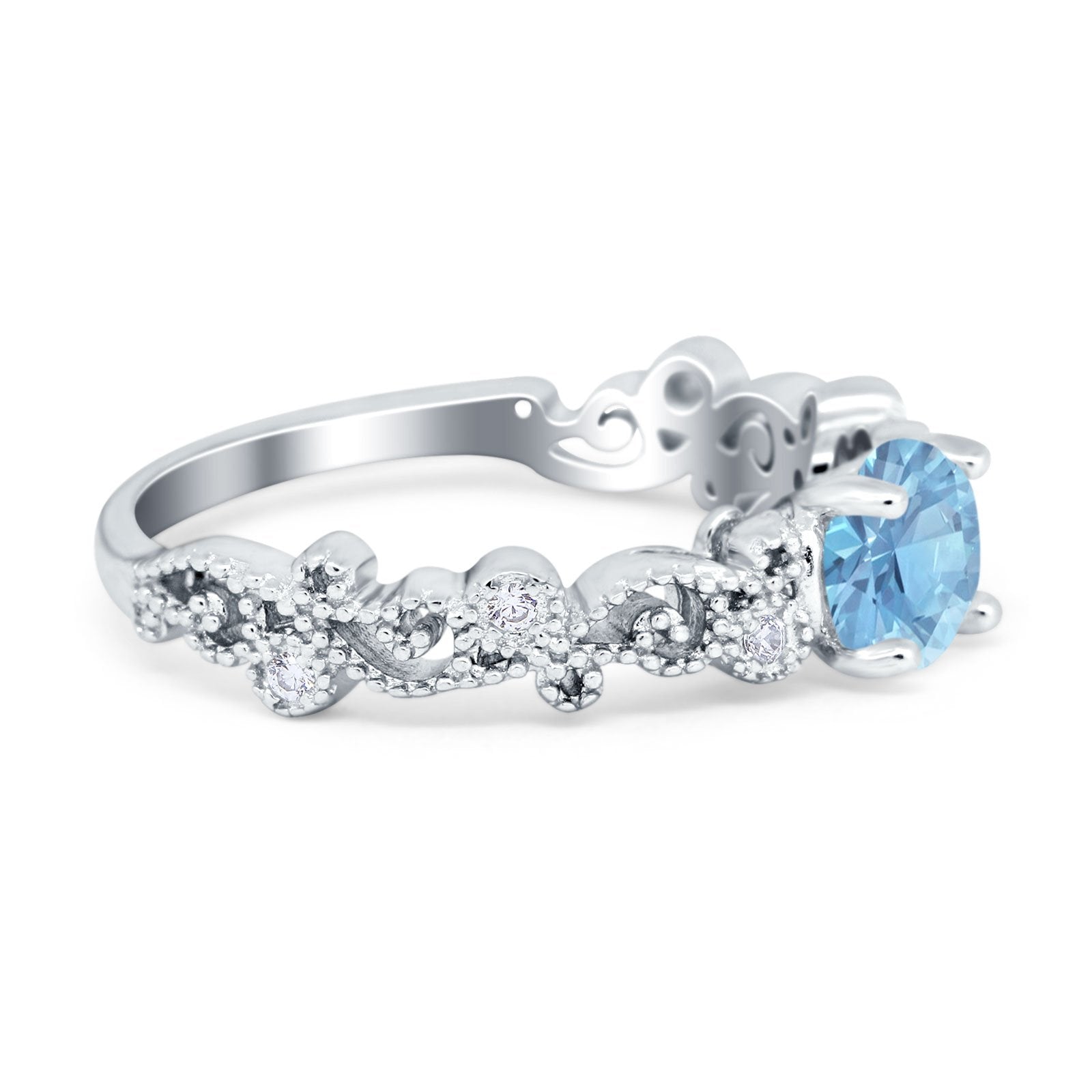 Filigree Art Deco Wedding Ring Round Simulated Cubic Zirconia 925 Sterling Silver