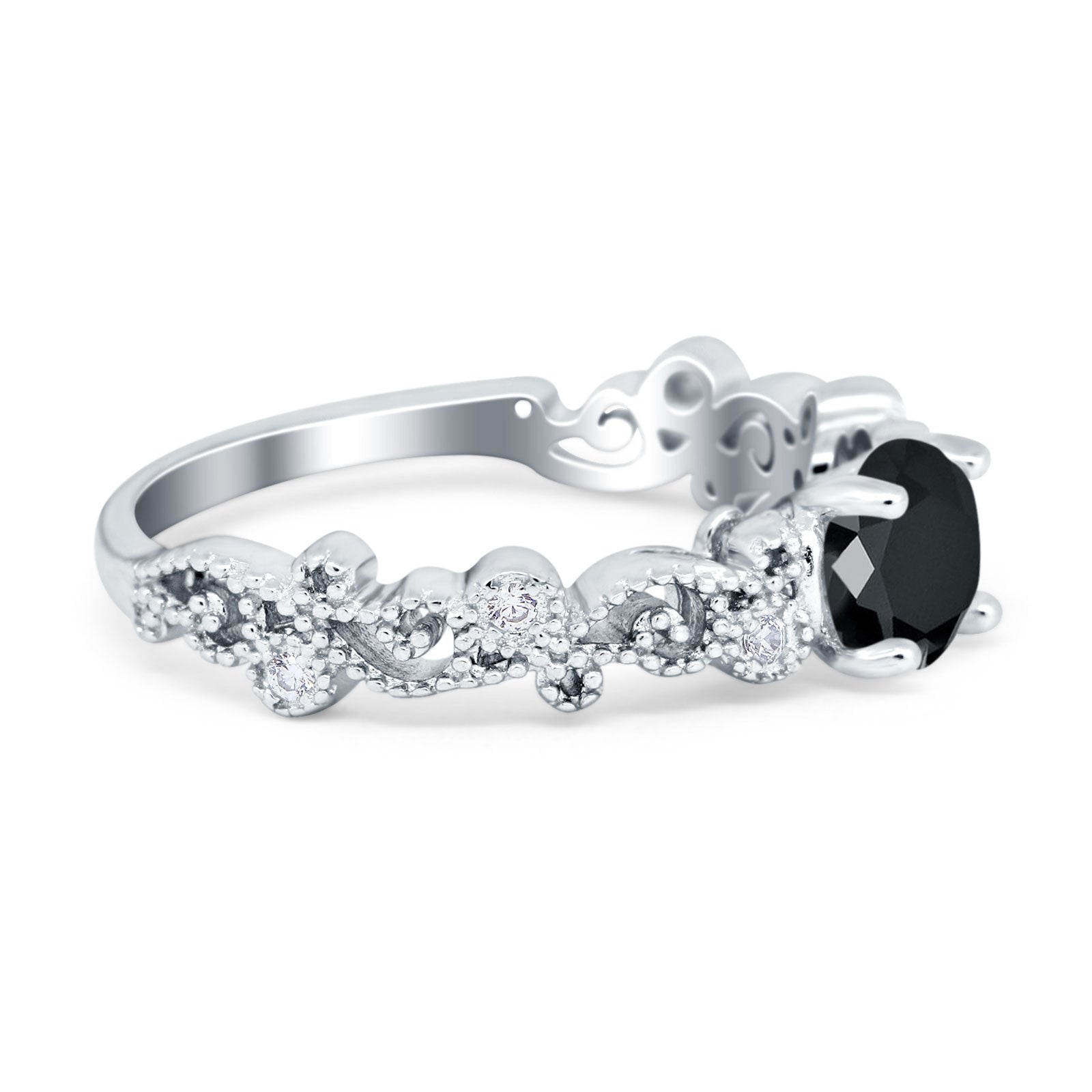 Filigree Art Deco Wedding Ring Round Simulated Cubic Zirconia 925 Sterling Silver
