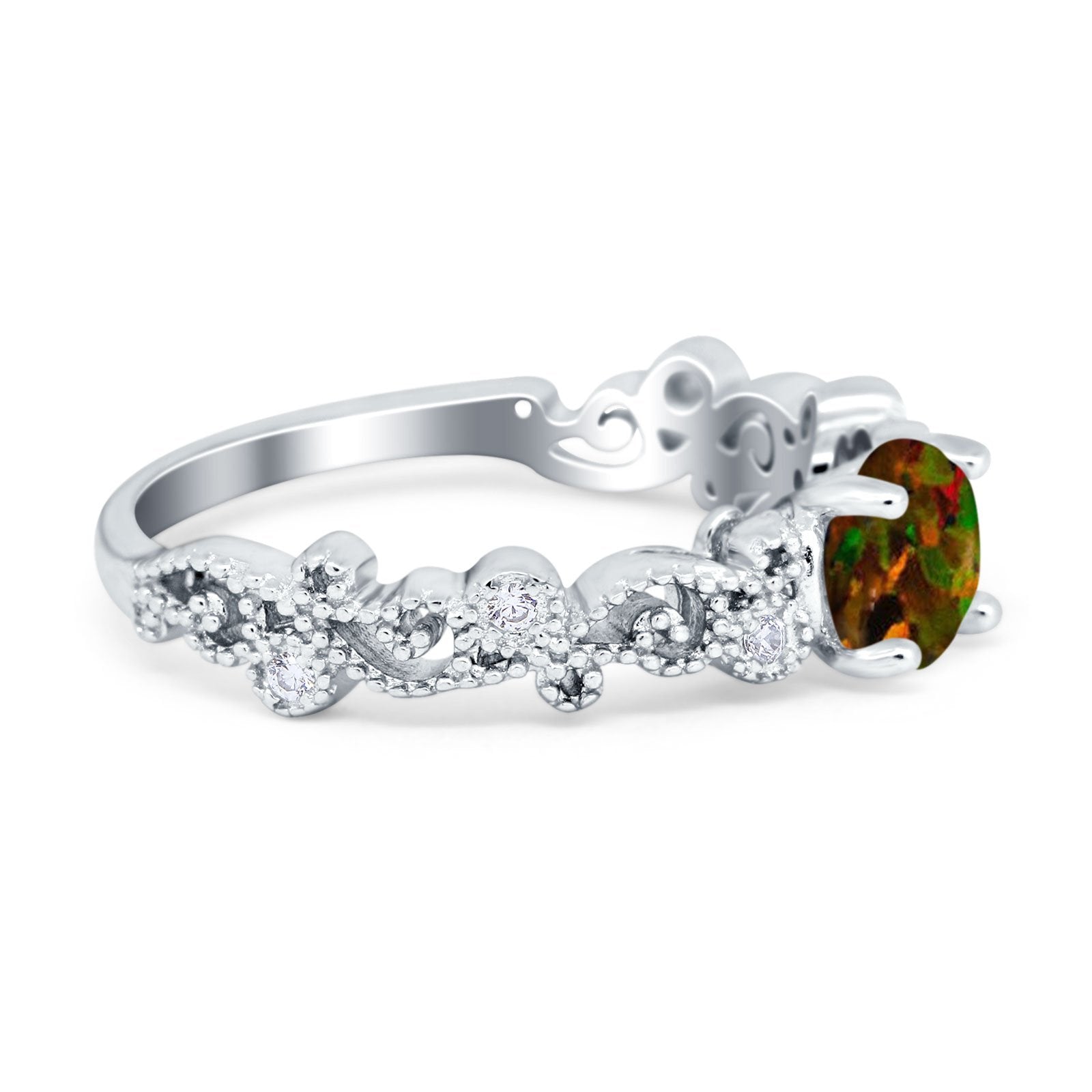Filigree Art Deco Wedding Ring Round Simulated Cubic Zirconia 925 Sterling Silver