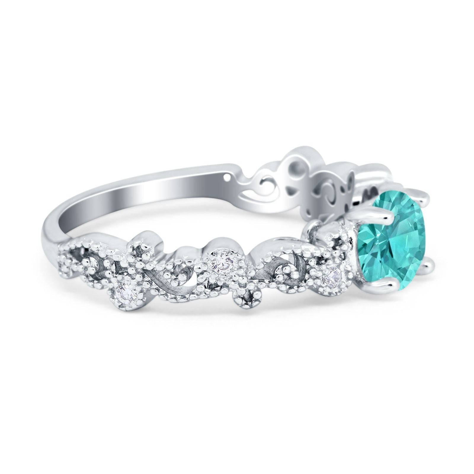 Filigree Art Deco Wedding Ring Round Simulated Cubic Zirconia 925 Sterling Silver