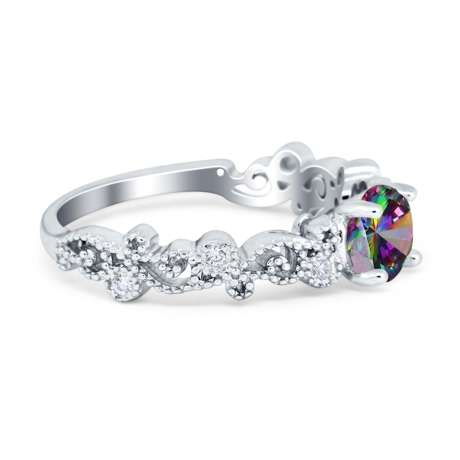 Filigree Art Deco Wedding Ring Round Simulated Cubic Zirconia 925 Sterling Silver
