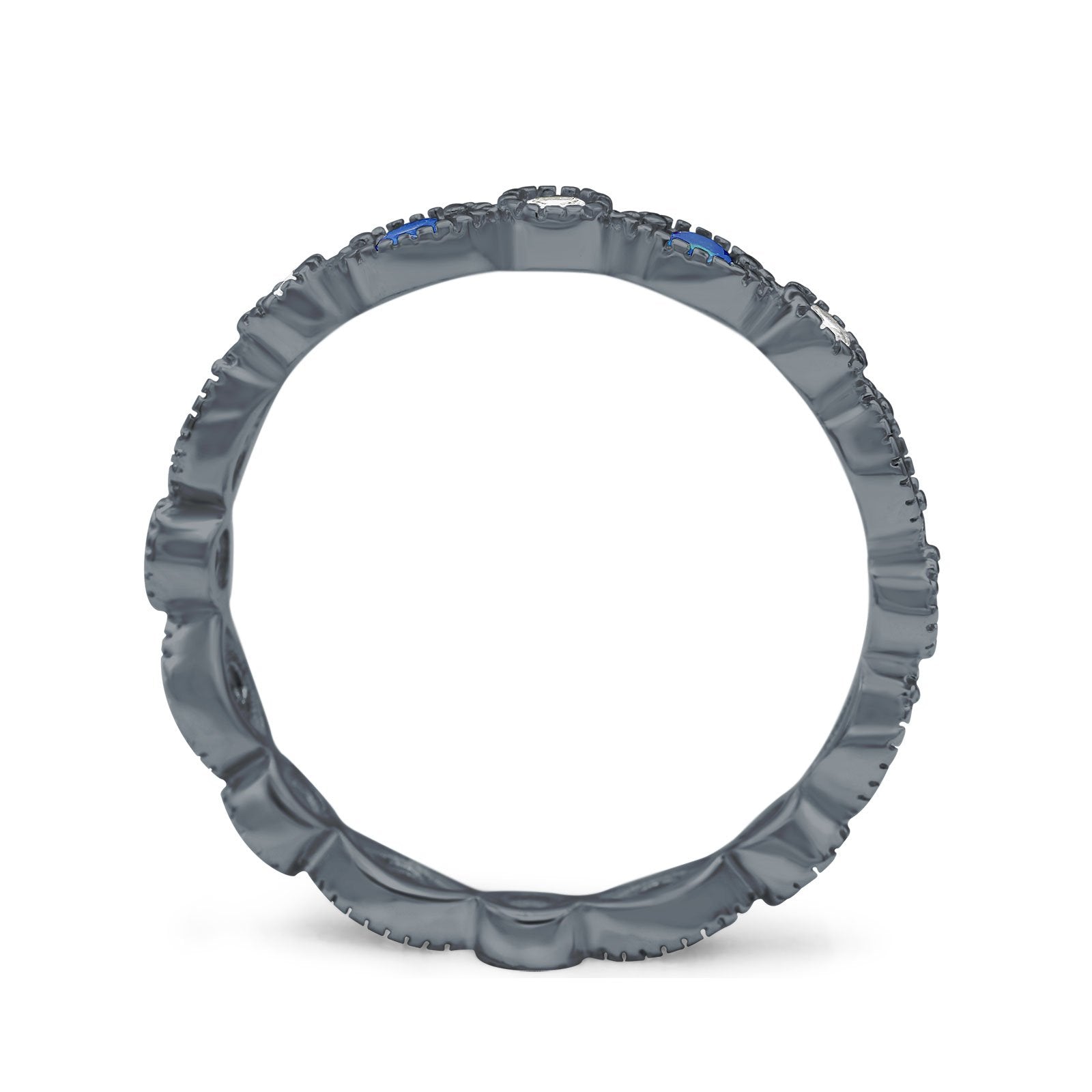 Curved Marquise Art Dec Full Eternity Stackable Band Simulated Blue Sapphire & Cubic Zirconia 925 Sterling Silver