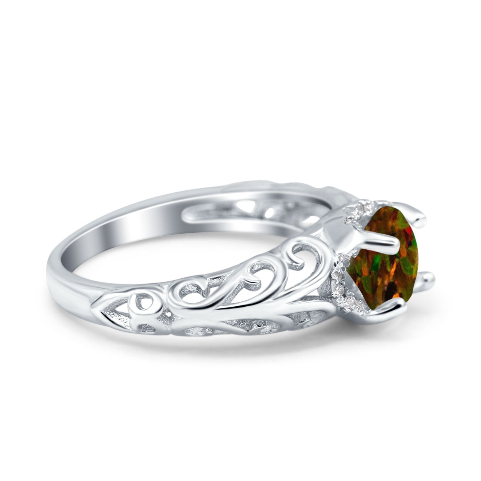 Art Deco Filigree Wedding Engagement Bridal Ring Round Simulated Cubic Zirconia 925 Sterling Silver