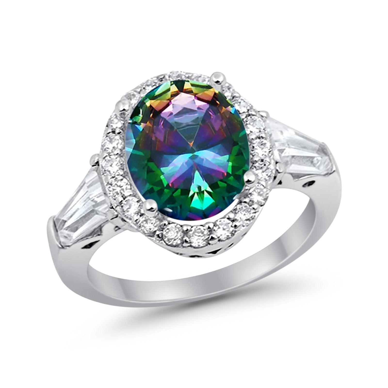 Halo Fashion Ring Round Baguette Simulated CZ 925 Sterling Silver