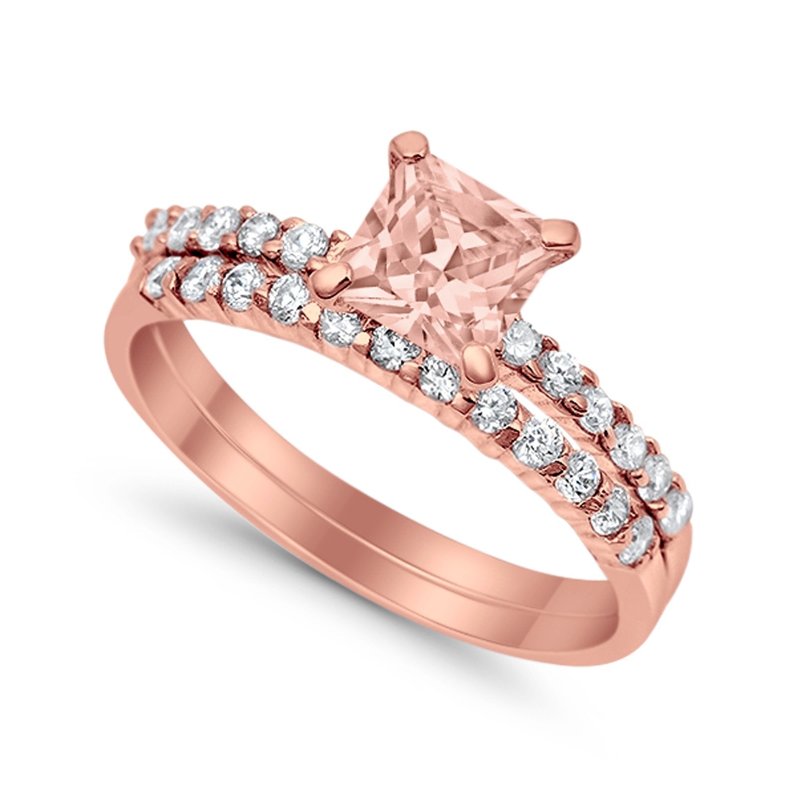 Bridal Set Princess Cut Simulated Cubic Zirconia 925 Sterling Silver Engagement Ring