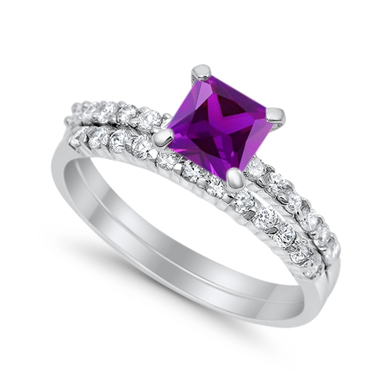Bridal Set Princess Cut Simulated Cubic Zirconia 925 Sterling Silver Engagement Ring
