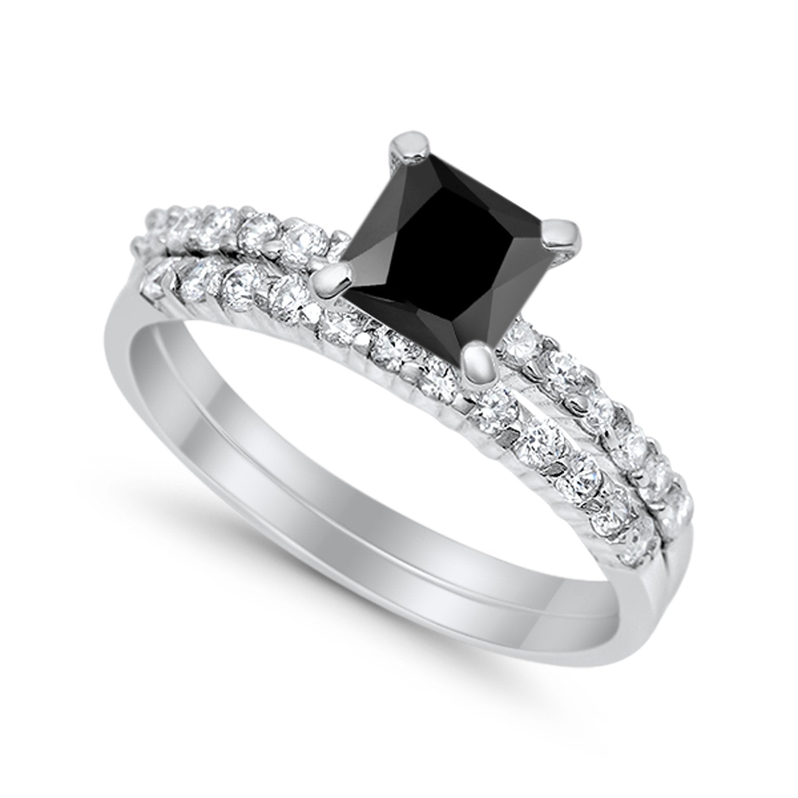 Bridal Set Princess Cut Simulated Cubic Zirconia 925 Sterling Silver Engagement Ring