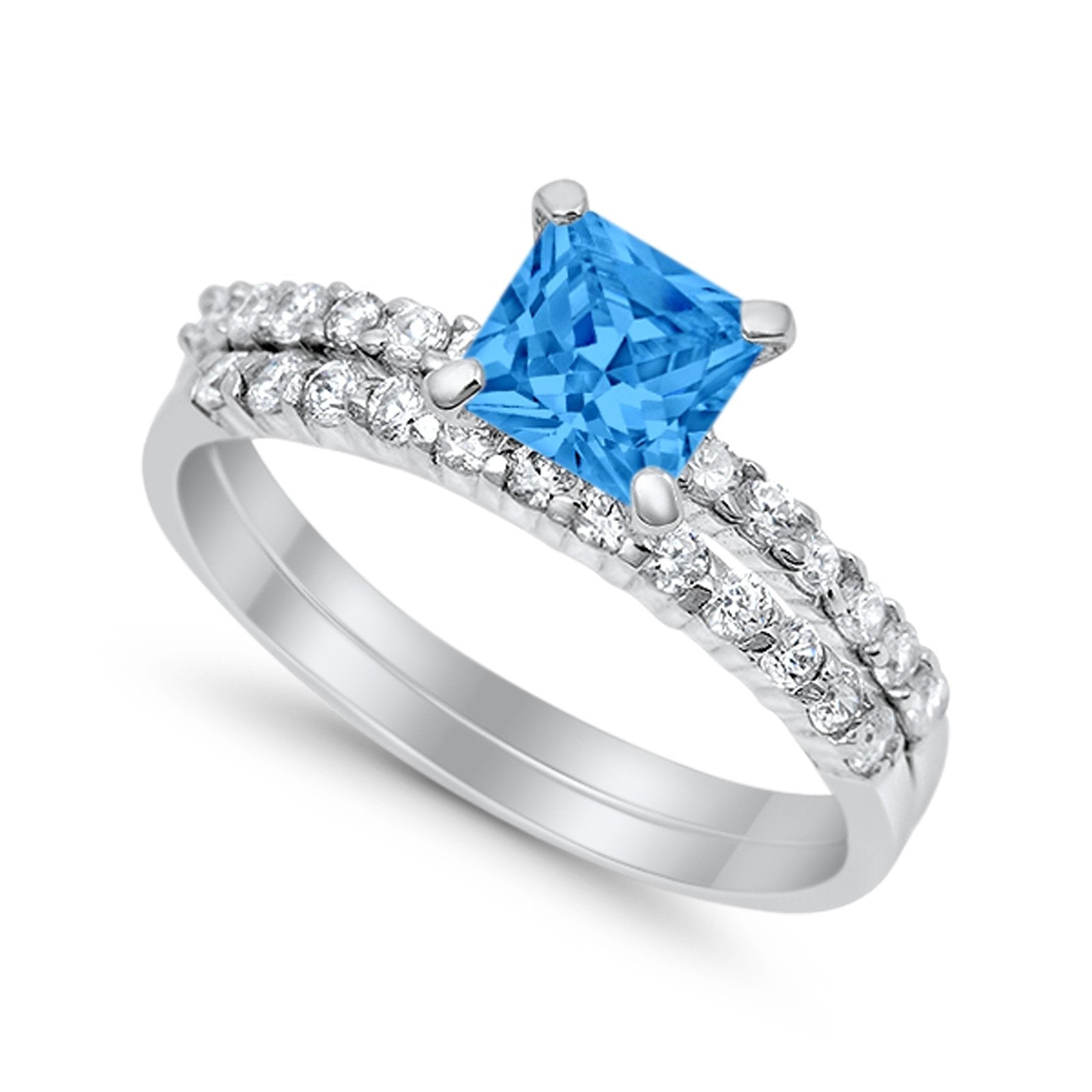 Bridal Set Princess Cut Simulated Cubic Zirconia 925 Sterling Silver Engagement Ring