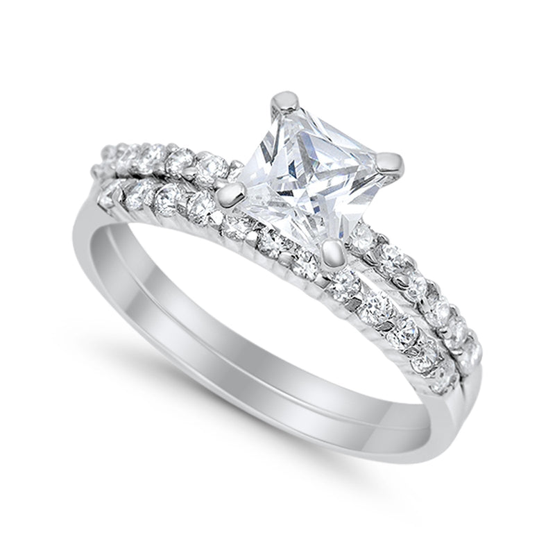 Bridal Set Princess Cut Simulated Cubic Zirconia 925 Sterling Silver Engagement Ring