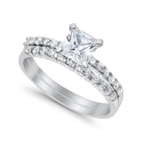 Bridal Set Princess Cut Simulated Cubic Zirconia 925 Sterling Silver Engagement Ring
