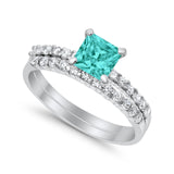 Bridal Set Princess Cut Simulated Cubic Zirconia 925 Sterling Silver Engagement Ring