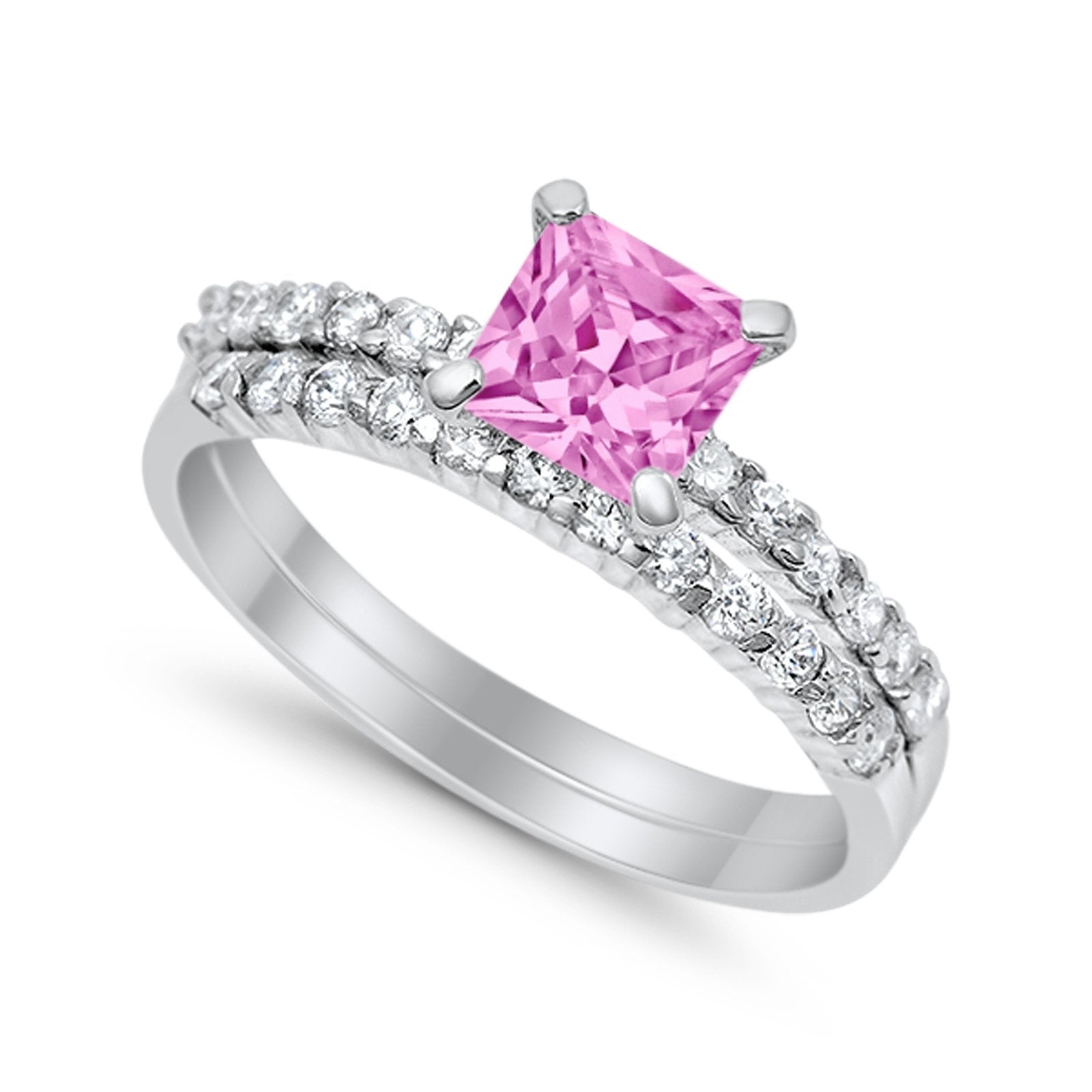 Bridal Set Princess Cut Simulated Cubic Zirconia 925 Sterling Silver Engagement Ring