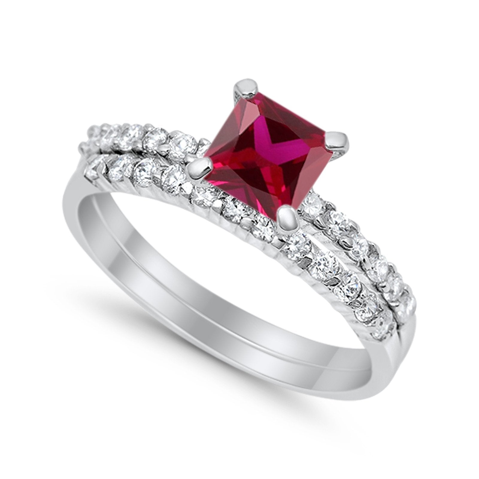 Bridal Set Princess Cut Simulated Cubic Zirconia 925 Sterling Silver Engagement Ring